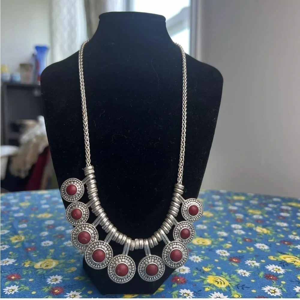 LUCKY BRAND Necklace 9 Silvertone Red Rhinestone Fringe Pendant Boho Gypsy Hipie